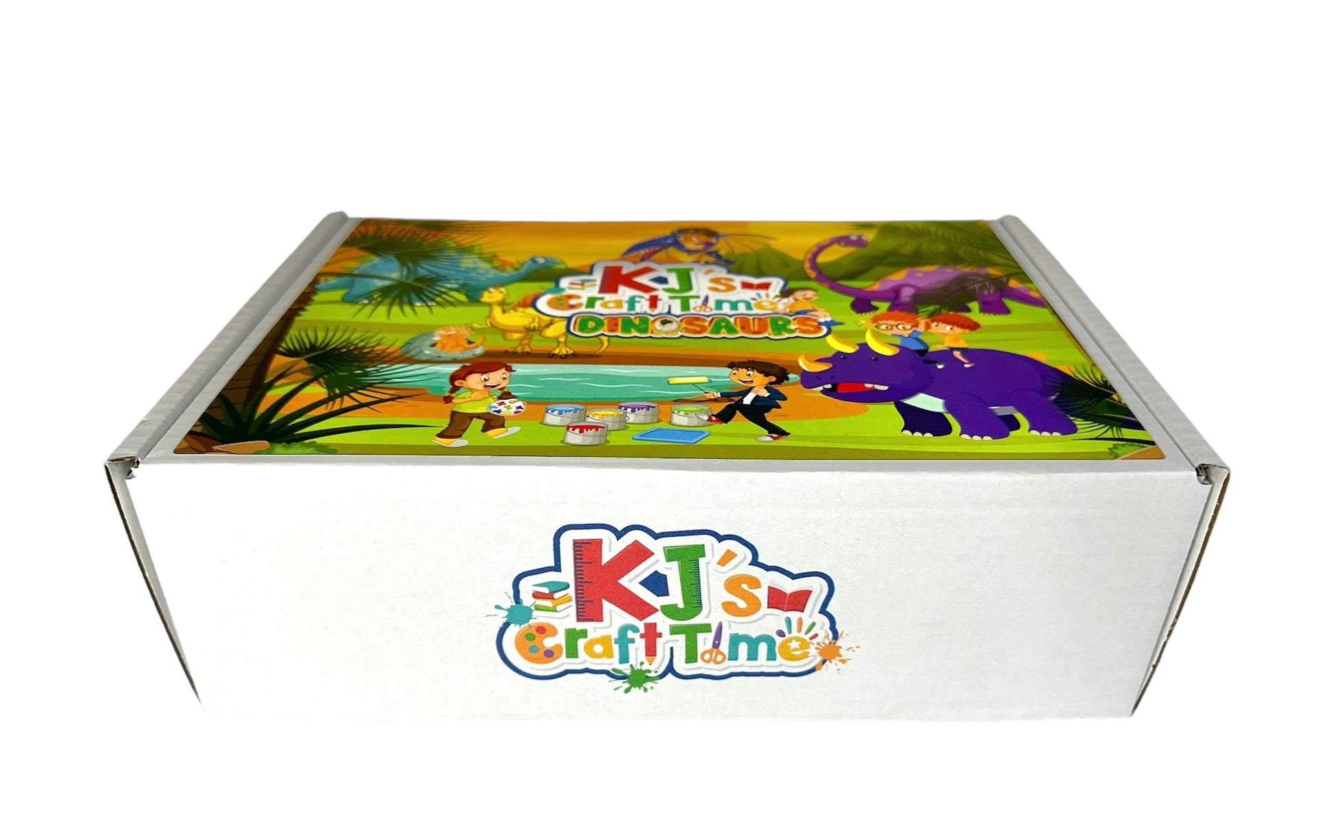 Front view of the Dinosaur Craft Box for kids with the box closed, showcasing the front flap and branding.