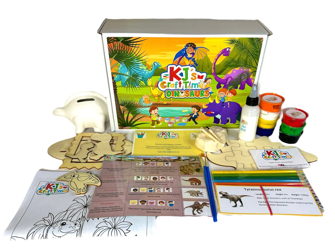 Front view of the Dinosaur Craft Box for kids with all included materials such as ceramic coin box, wooden puzzle, and activity sheets displayed.