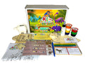Front view of the Dinosaur Craft Box for kids with all included materials such as ceramic coin box, wooden puzzle, and activity sheets displayed.