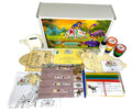 Bird’s eye view of the Dinosaur Craft Box for kids showing all materials including dinosaur-themed crafts, paints, and tools laid out around the box.