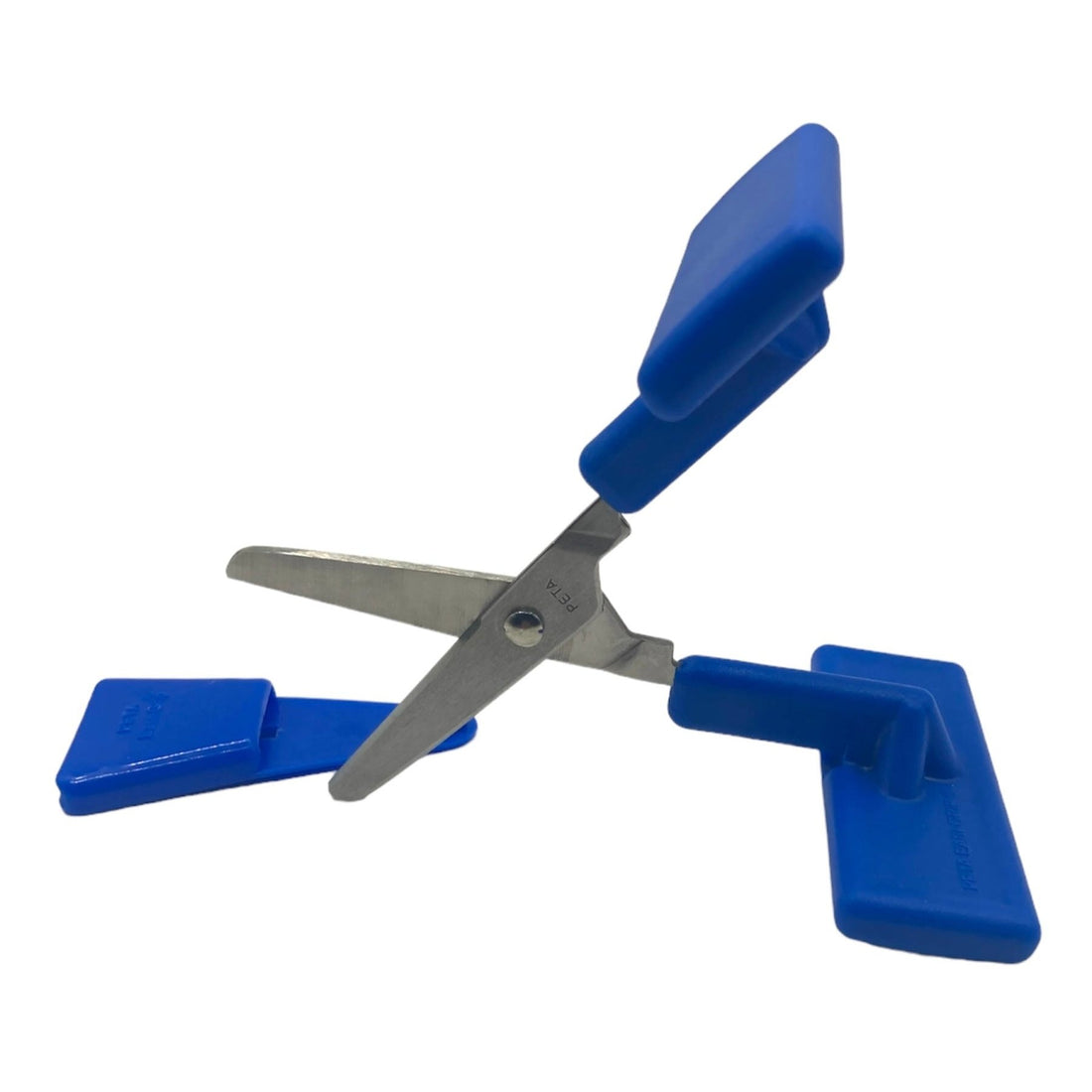 A side view of the scissors in an open position, demonstrating their large "T" shaped handles and sturdy design.