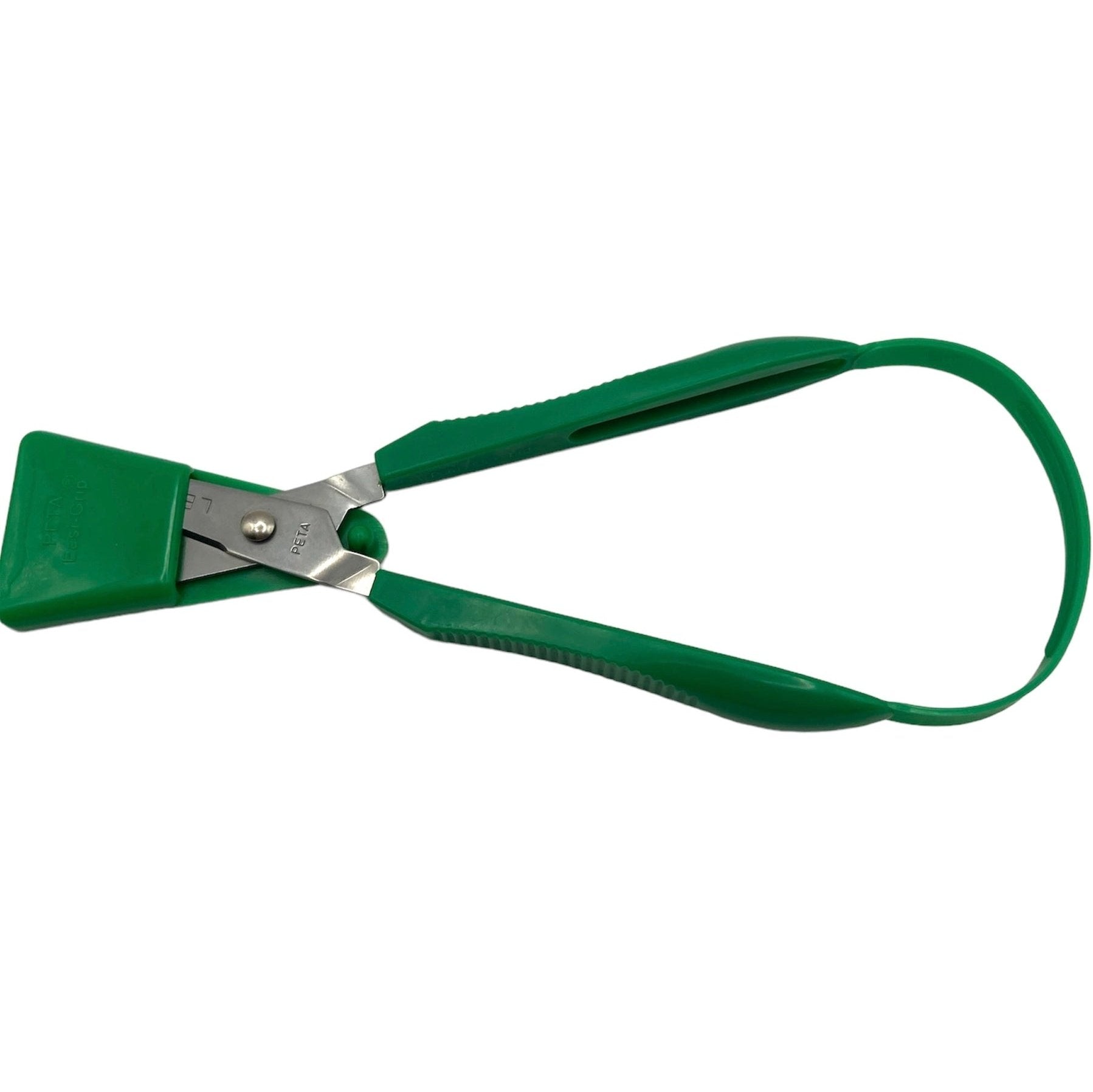 Green left-handed Easi-Grip Scissors with blade guard on.