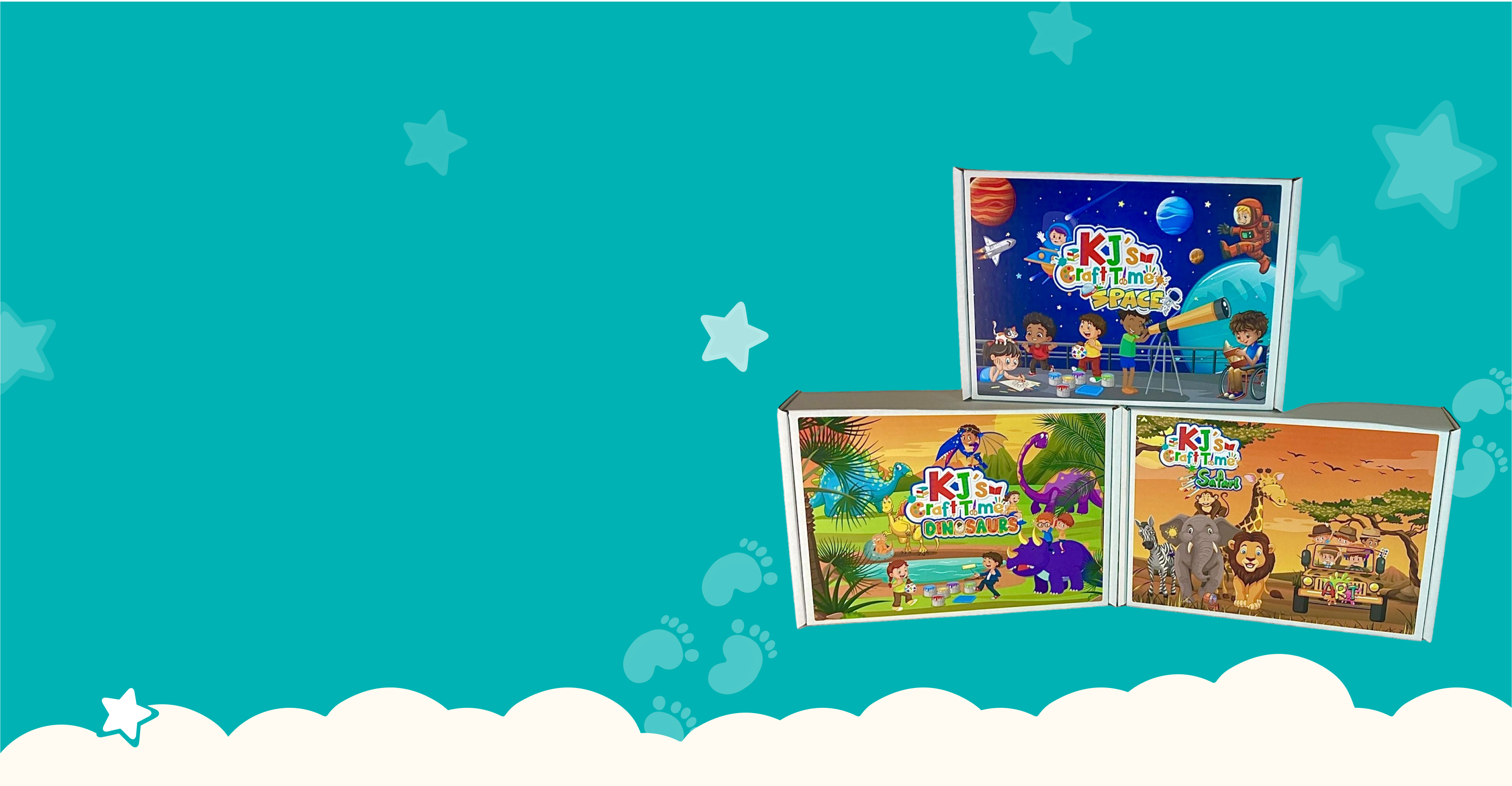 Educational craft kits for kids featuring three themed boxes: Space, Dinosaur, and Safari. Designed to improve creativity, STEM learning, and fine motor skills through hands-on crafts. Shop now for fun and educational kids' activities.