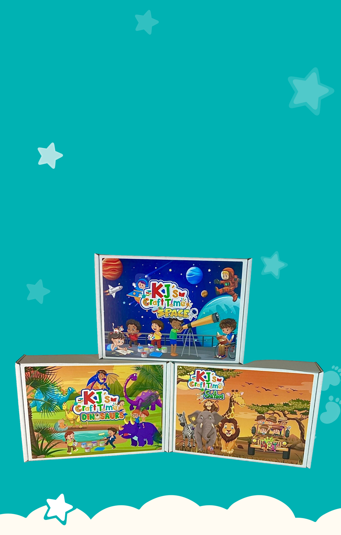 Educational craft kits for kids featuring three themed boxes: Space, Dinosaur, and Safari. Designed to improve creativity, STEM learning, and fine motor skills through hands-on crafts. Shop now for fun and educational kids' activities.