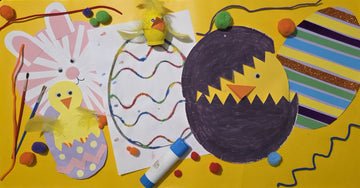 Five easy Easter crafts for kids on a yellow background including a paper strip bunny, salt painting egg, chick in egg card, hatching chick and glitter strip egg.