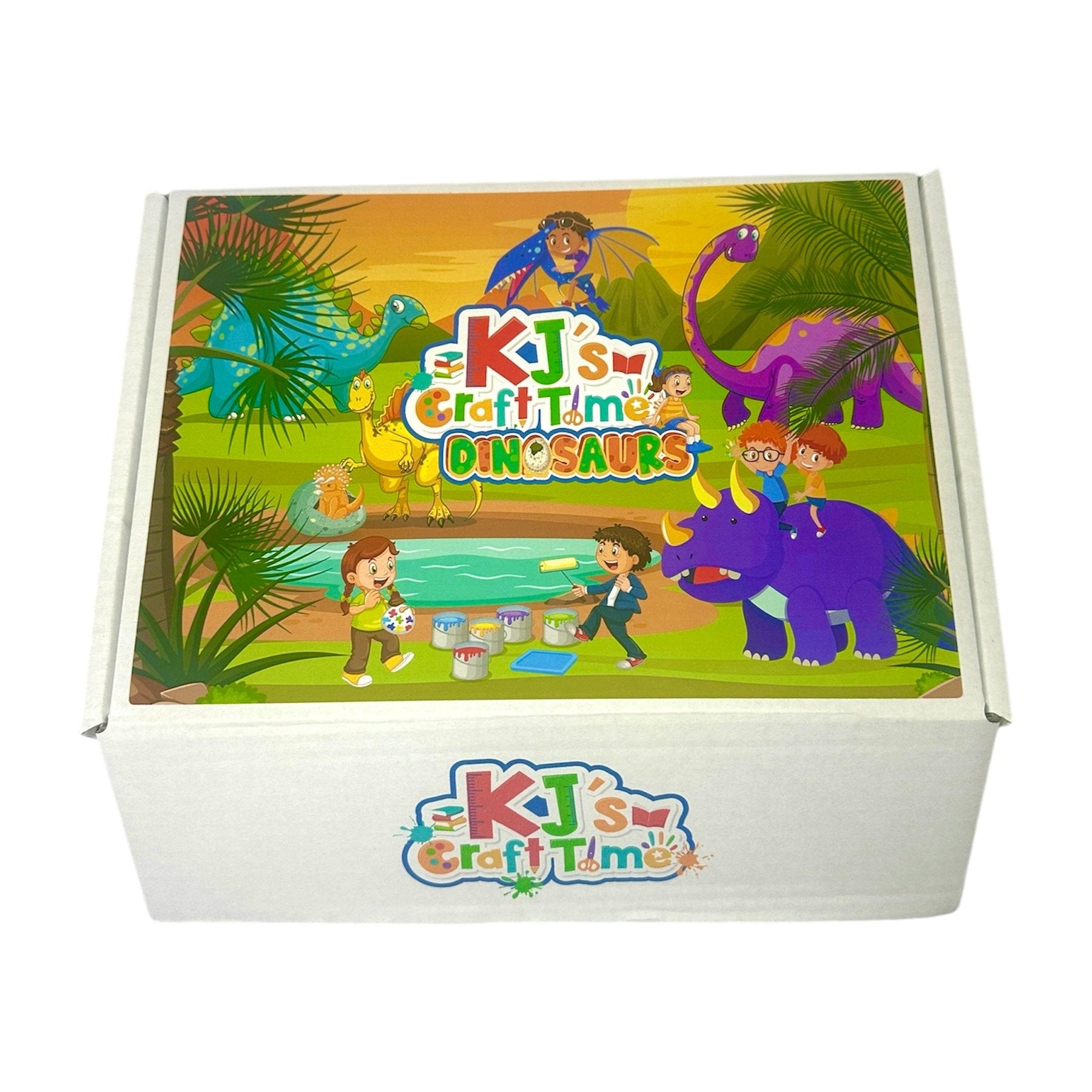 Bird’s eye view of the closed Dinosaur Craft Box for kids, with the front flap partially tucked in, highlighting the box’s sturdy design.