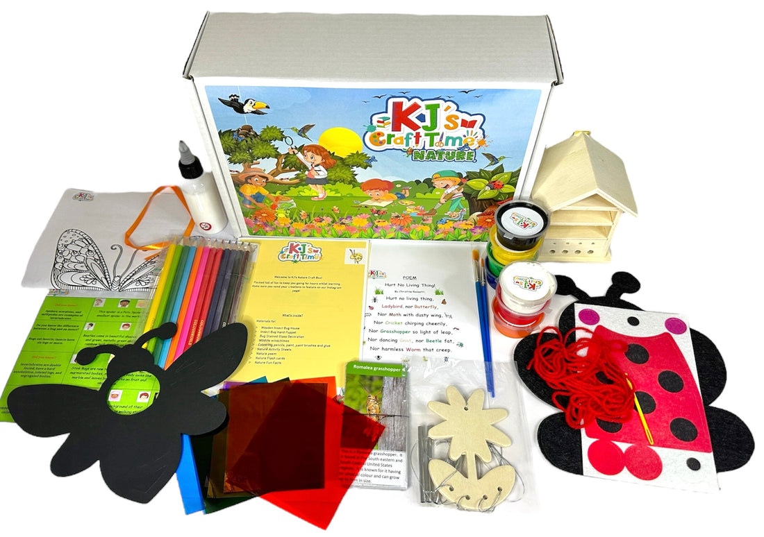 Front view of the Nature Craft Box for kids with all included materials such as bug house, hand puppet, and windchime displayed.