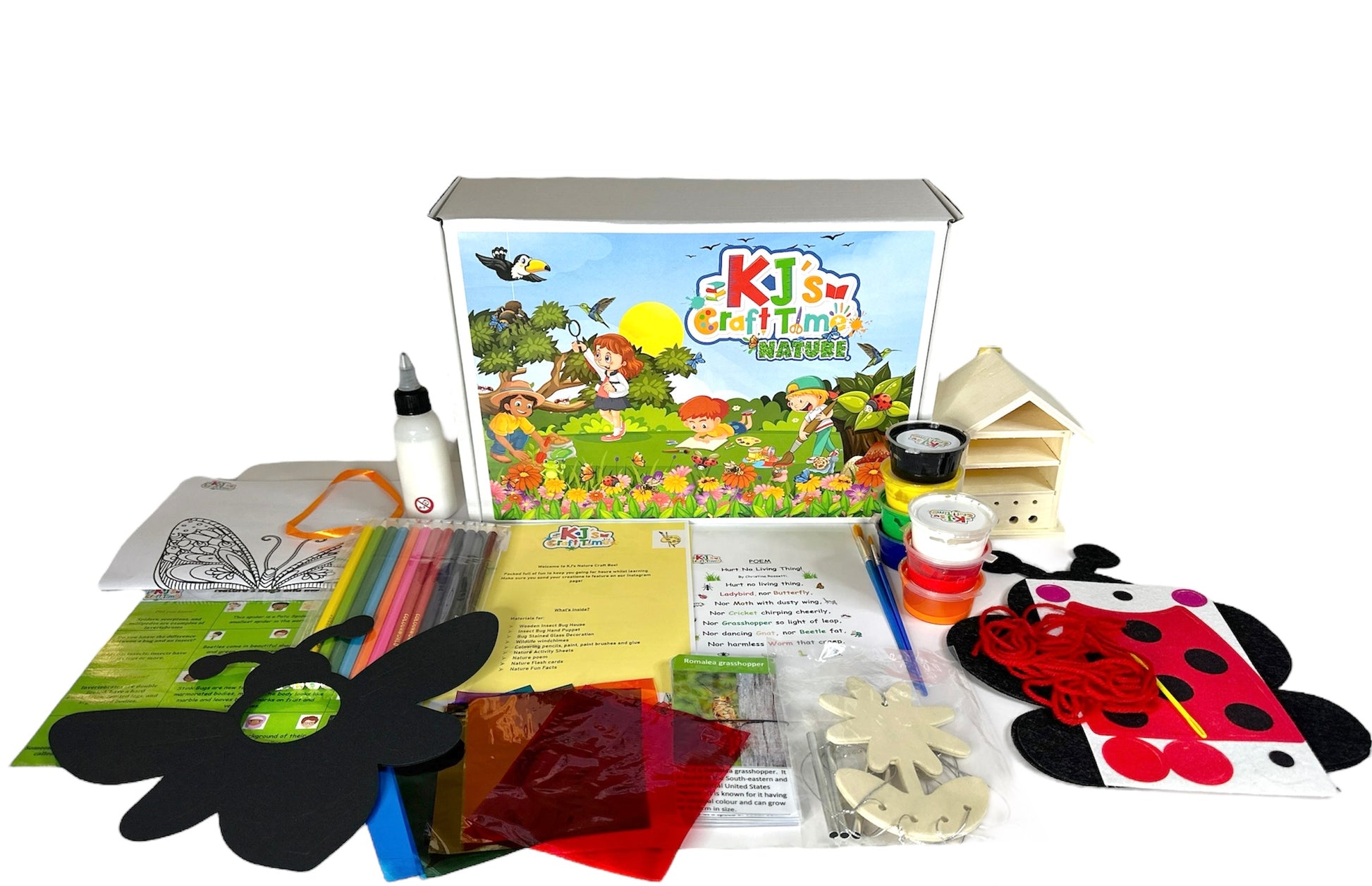 Front view of the Nature Craft Box for kids with all included materials such as bug house, hand puppet, and windchime displayed.