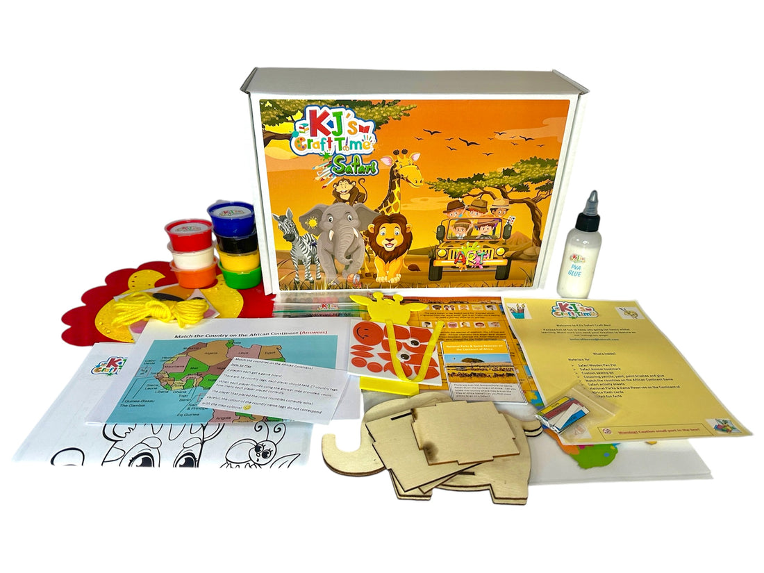 Front view of Safari Craft Box with all materials, including paints, safari pen pot, animal bookmark, sewing kit, and game activities laid out around the box.