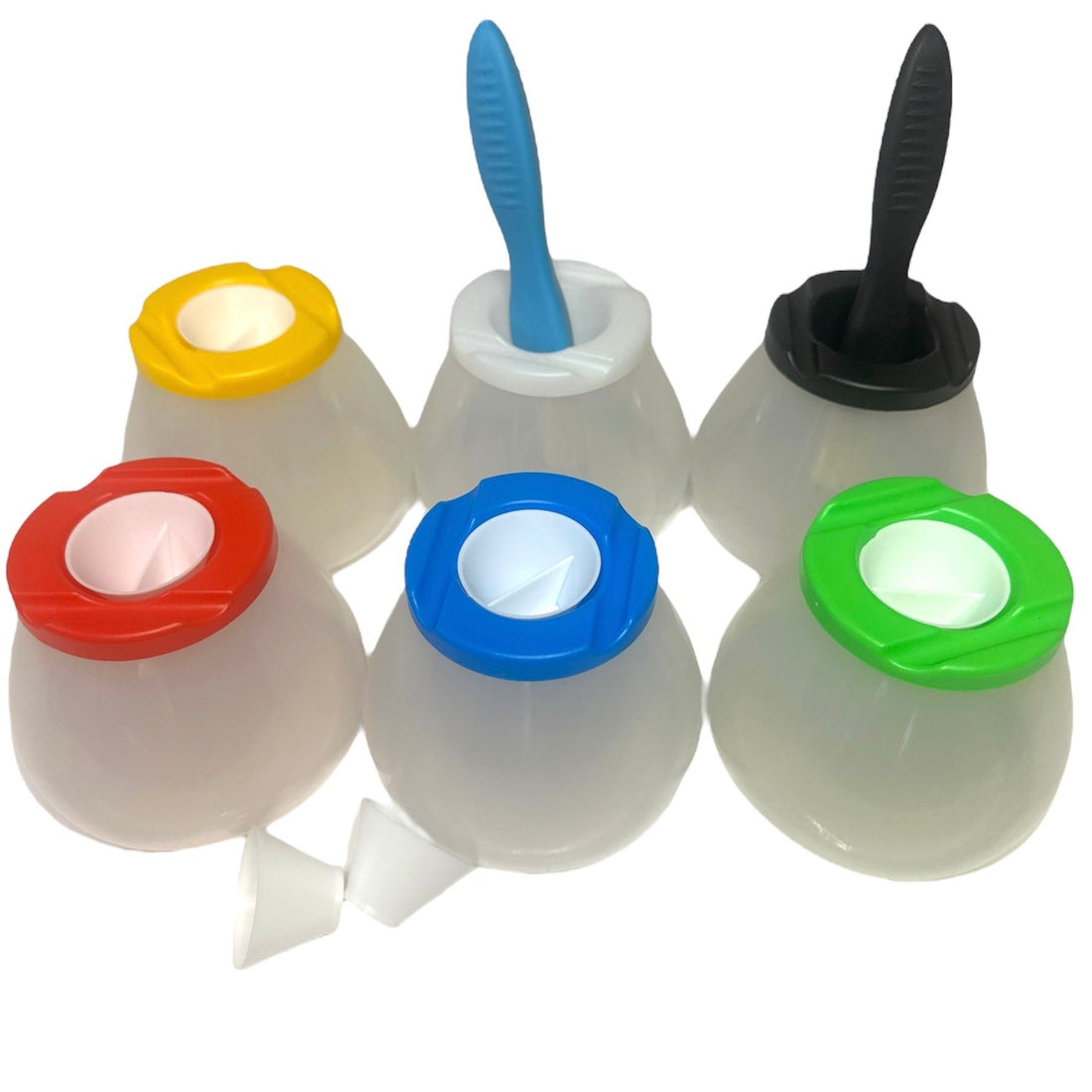 Set of 6 Extra Wide Non-Spill Paint Pots in black, white, green, blue, yellow, and red with two paintbrushes in the green and yellow pots, showing versatile use. Paint brushes not included.