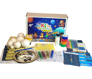 Front view of Space Craft Box with all materials displayed around it.