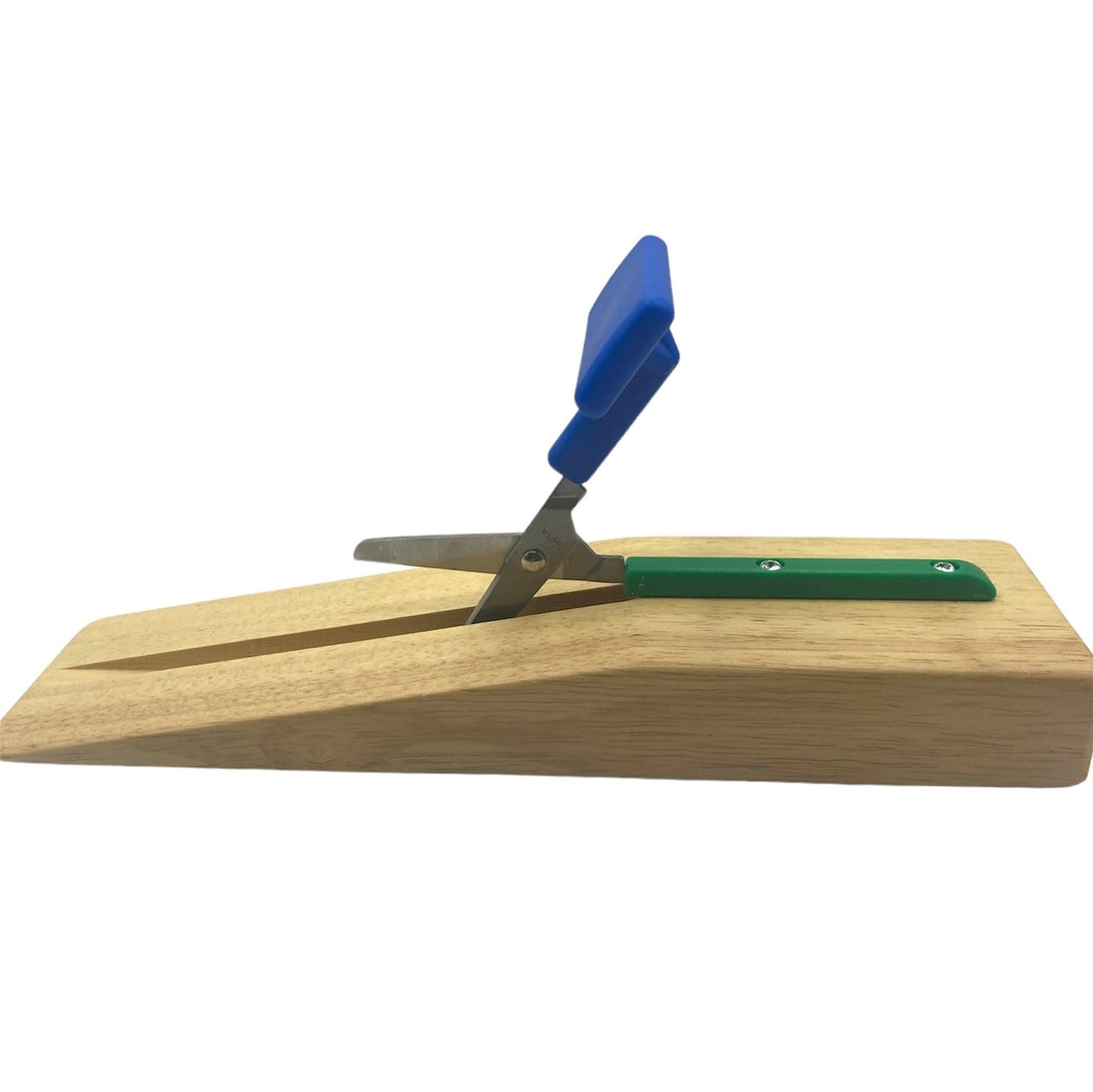 An angled view showcasing the mounted scissor setup on its sturdy wooden base with an ergonomic T-shaped handle.