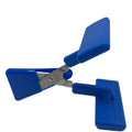 A pair of Push Down Table Top Scissors with the protective blade guard securely attached.