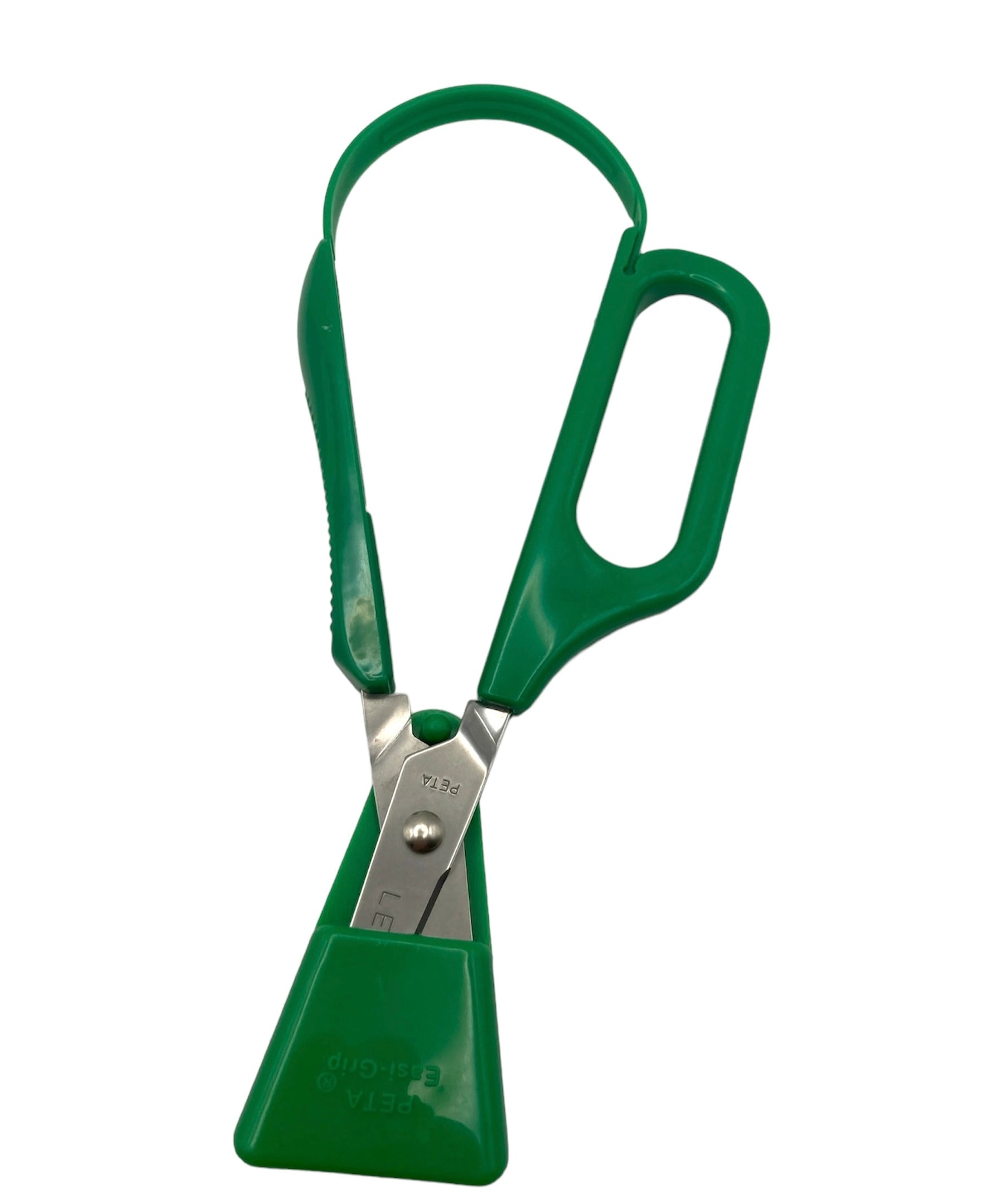 Green left-handed Long Loop Easi-Grip Scissors with blade guard for safety when not in use.