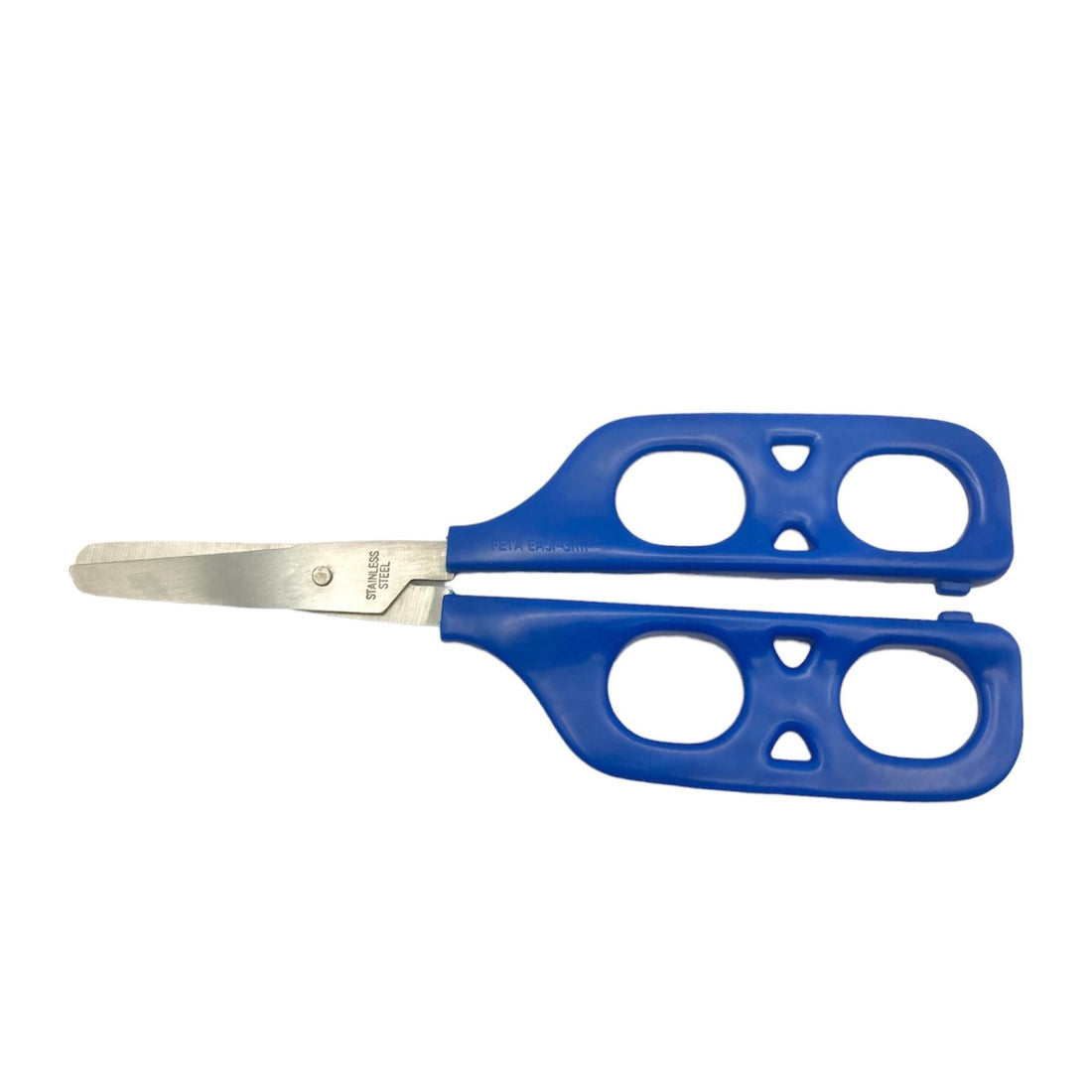 Blue right-handed Dual Control Teaching Scissors with double loop handles for adult and child cutting, ideal for occupational therapy.