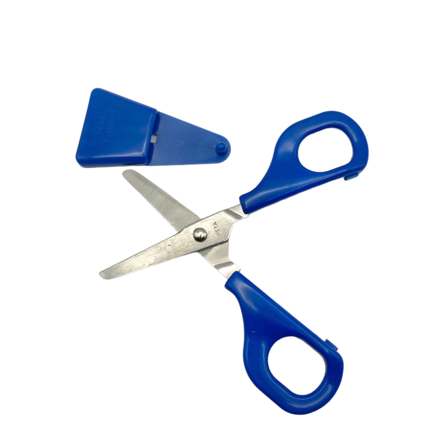 Right-handed blue Child Self-Opening Scissors with blade guard for secure storage, designed for children needing extra assistance.