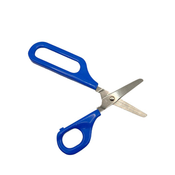 Right-handed Long Loop Self-Opening Scissors with blue handle, designed for children with special needs and a spring to reopen the blades.