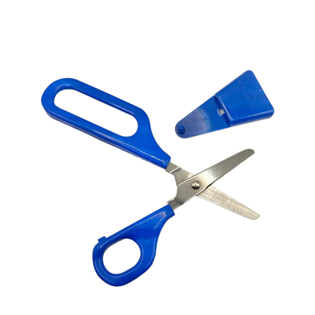 Right-handed Long Loop Self-Opening Scissors with blue handle, designed for children with special needs and a spring to reopen the blades.