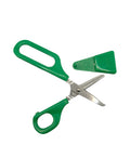 Left-handed Long Loop Self-Opening Scissors with green handle and protective green blade guard for safe storage.