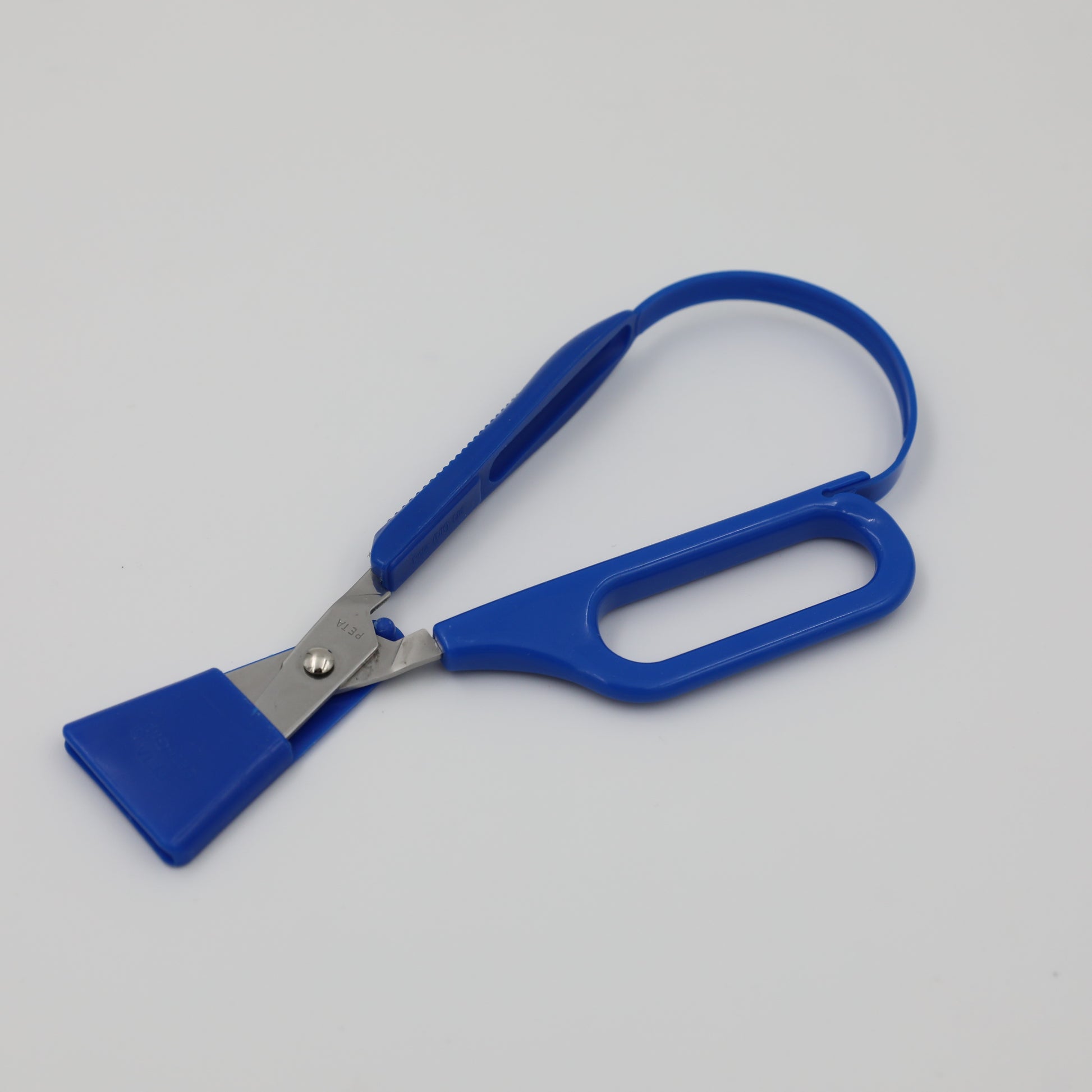 Blue right-handed Long Loop Easi-Grip Scissors with blade guard for safe storage.