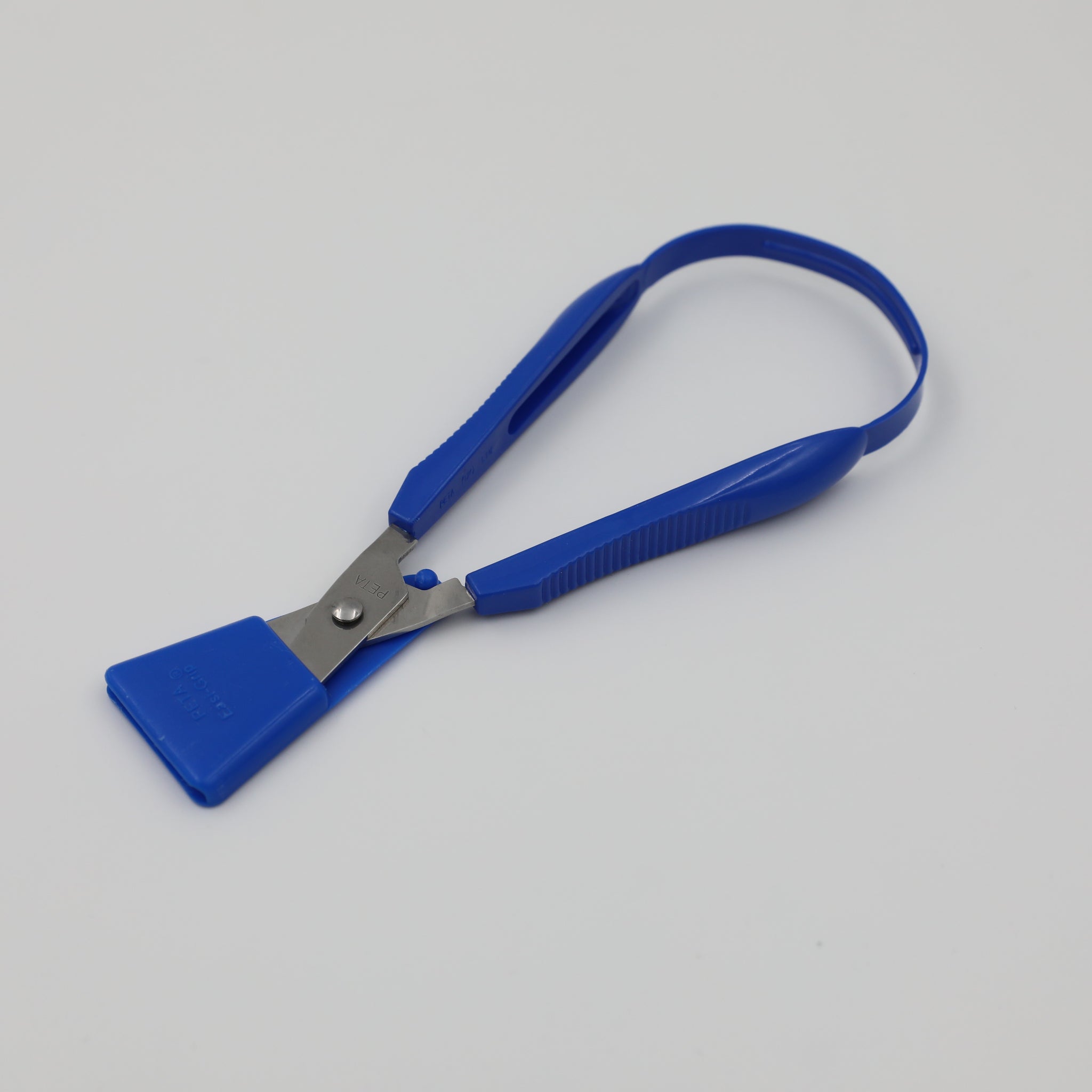Blue right-handed Easi-Grip Scissors with blade guard on.