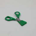 Left-handed green Child Self-Opening Scissors blade guard for safe storage.