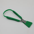Green left-handed Easi-Grip Scissors with blade guard on.