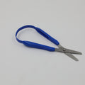 Blue right-handed Easi-Grip Scissors lying open.