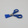 Right-handed blue Child Self-Opening Scissors with blade guard on for secure storage, designed for children needing extra assistance.