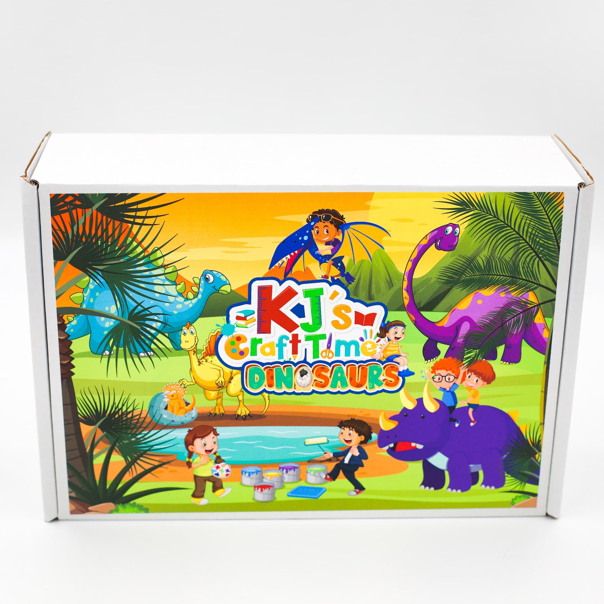 Children's craft kit box with dinosaur-themed illustration on a white background.