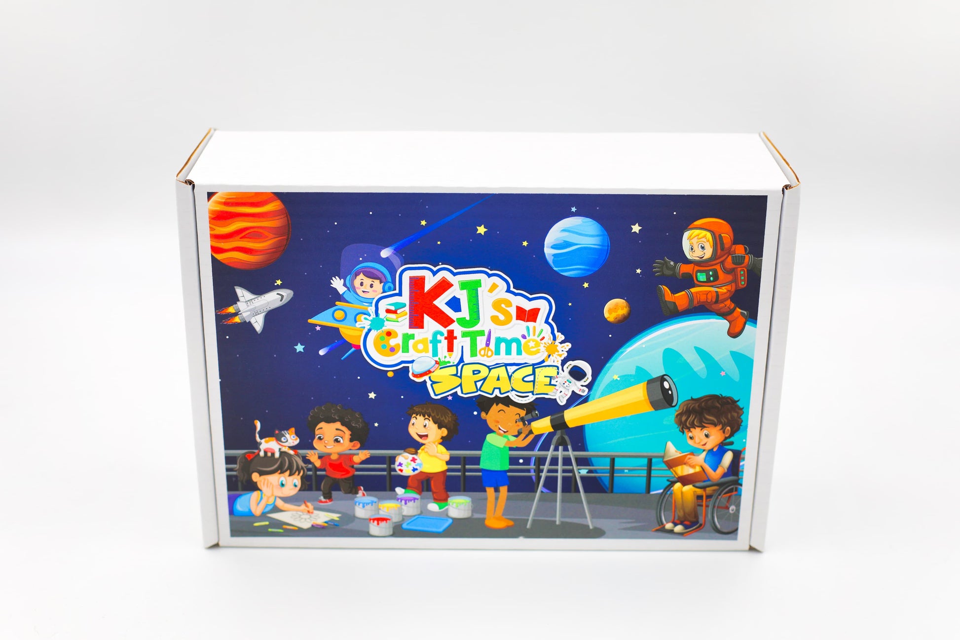 KJ’s Craft Time Space Craft Kit for kids, featuring a space-themed educational craft box with planets, astronauts and inclusive illustrations.