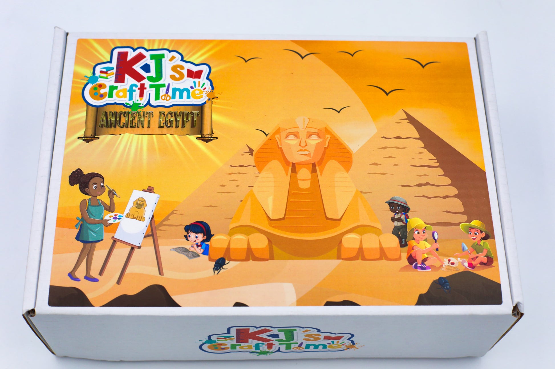 Ancient Egypt craft kit for kids by KJ’s Craft Time featuring illustrated Egyptian themed packaging.