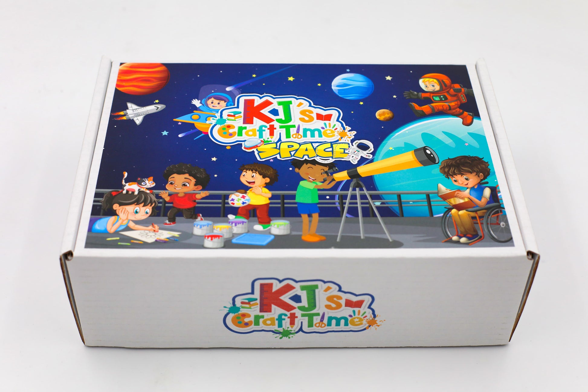 Top view of the KJ’s Craft Time Space Craft Kit box showing space-themed artwork designed for creative learning.
