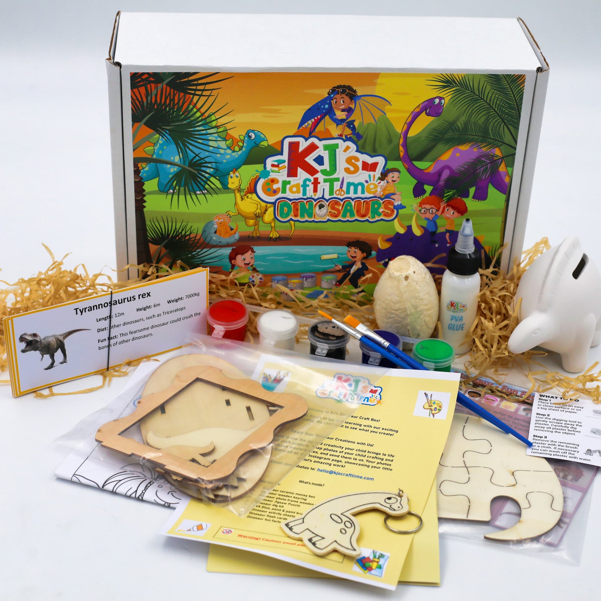 Dinosaur craft kit for kids by KJ’s Craft Time with paints, wooden dinosaur crafts and educational materials.
