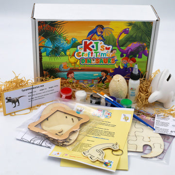 Dinosaur craft kit for kids by KJ’s Craft Time with paints, wooden dinosaur crafts and educational materials.