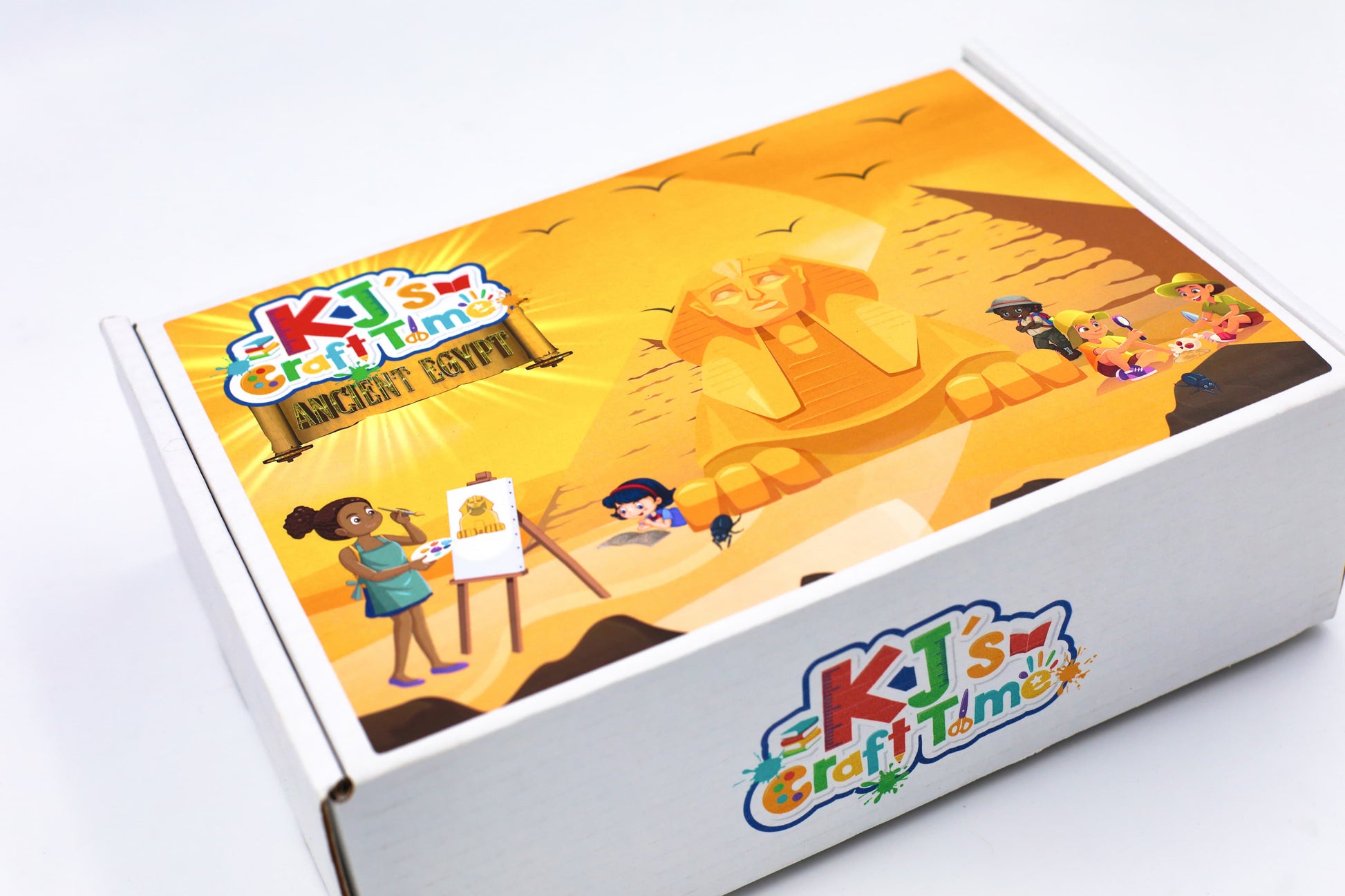 KJ’s Craft Time Ancient Egypt craft box for kids with sphinx and pyramid illustration for creative historical learning.