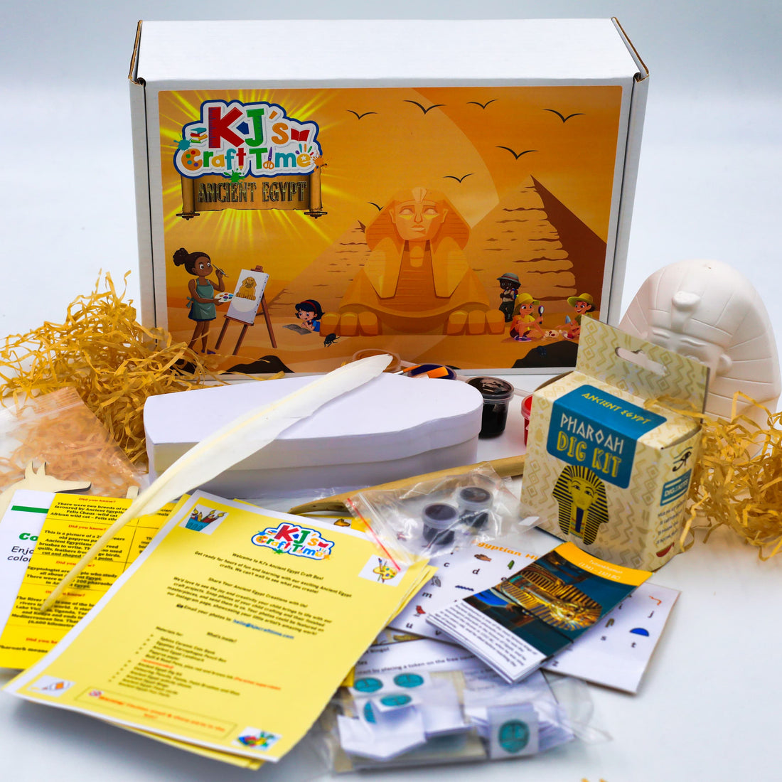 Ancient Egypt craft kit for kids including pharaoh dig kit, sarcophagus pencil box, sphinx coin bank, paints and educational activity sheets