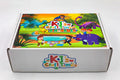 Angled view of dinosaur arts and crafts kit for kids by KJ’s Craft Time on white background.