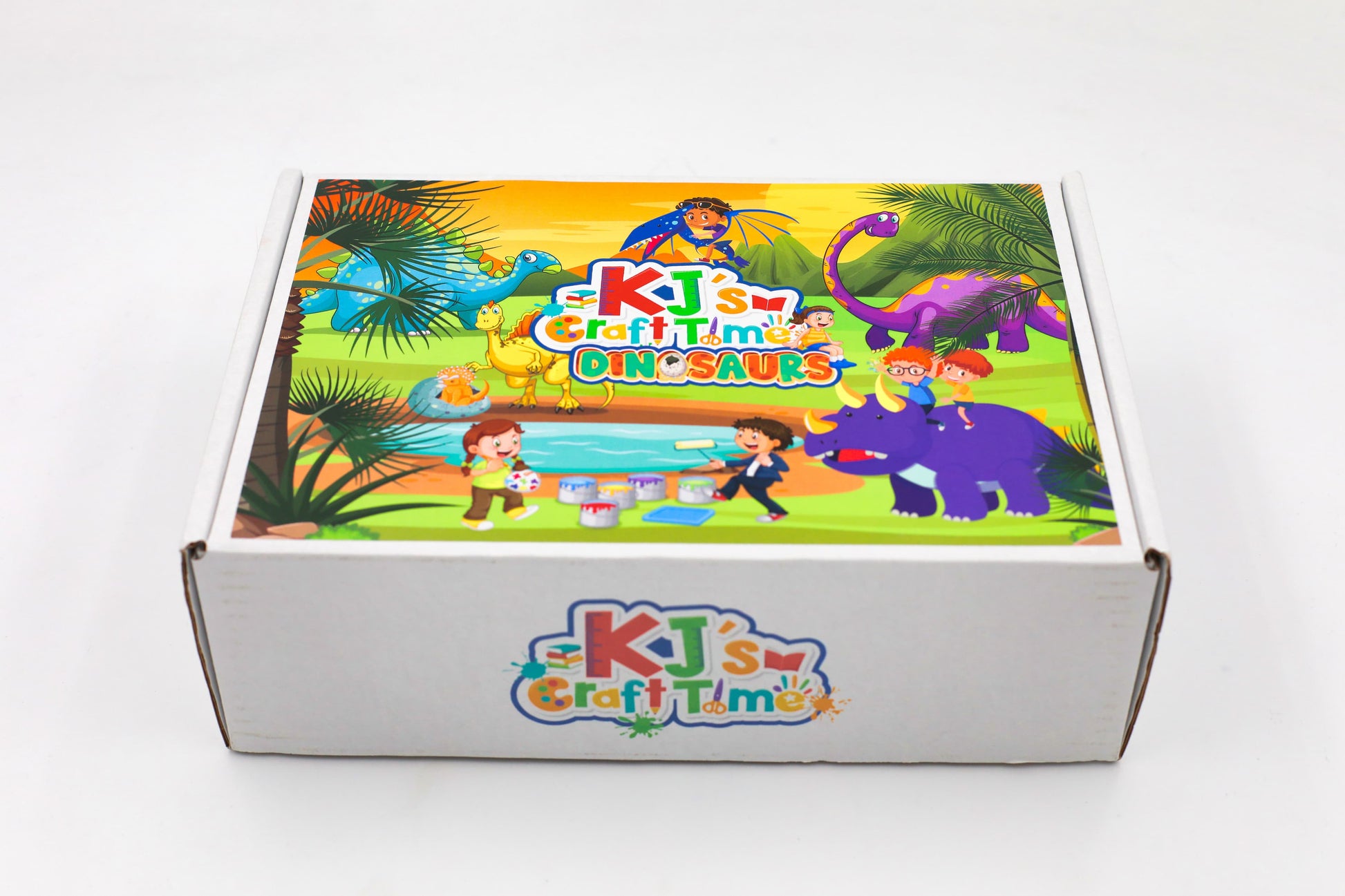 Top view of dinosaur craft box for kids with illustrated prehistoric dinosaur design