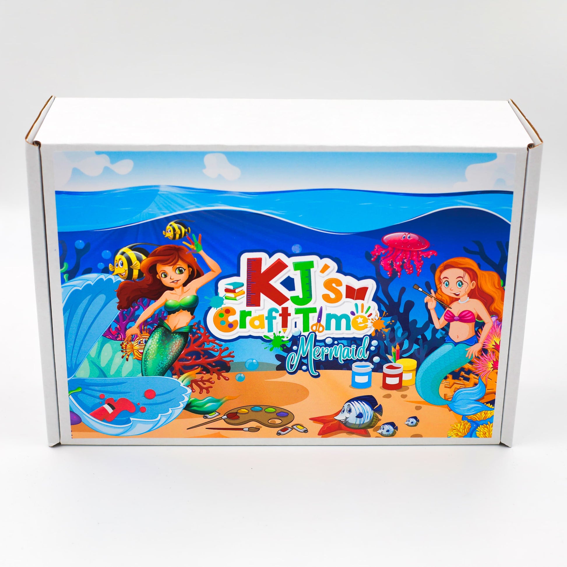 Mermaid craft kit for kids presented in a gift-ready box, featuring KJ’s Craft Time Mermaid Craft Box with underwater artwork for hands-on creative play.