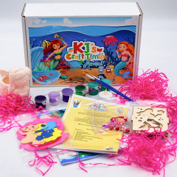 Complete mermaid craft kit for kids with ceramic flowerpot, wooden mermaid lantern, magnet and keyring crafts, paints, brushes and activity sheets.