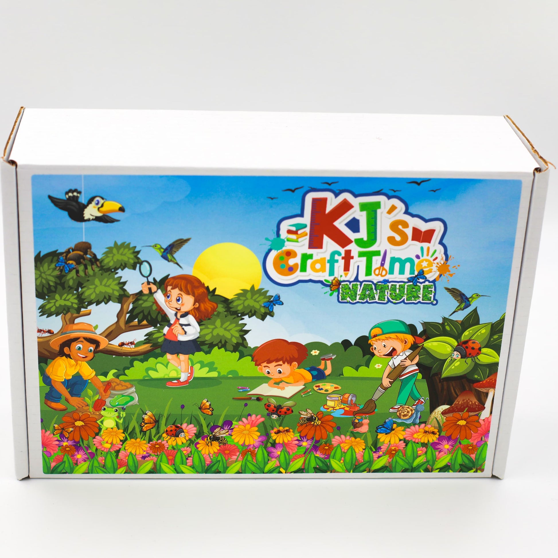 Nature craft kit for kids by KJ’s Craft Time featuring illustrated outdoor themed packaging with insects, plants and wildlife.