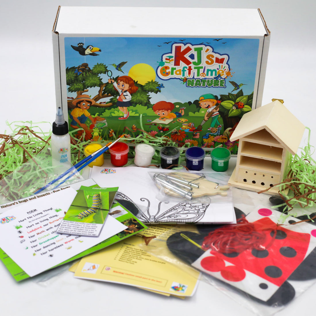 Nature craft kit for kids with craft box, wooden bug hotel, paints, glue, activity sheets and hands-on nature craft materials.