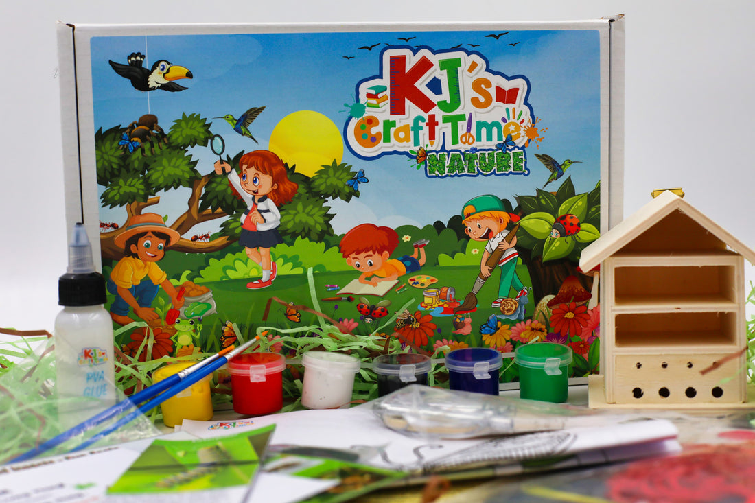 Nature craft kit for kids with craft box, wooden bug hotel, paints, glue, activity sheets and hands-on nature craft materials.