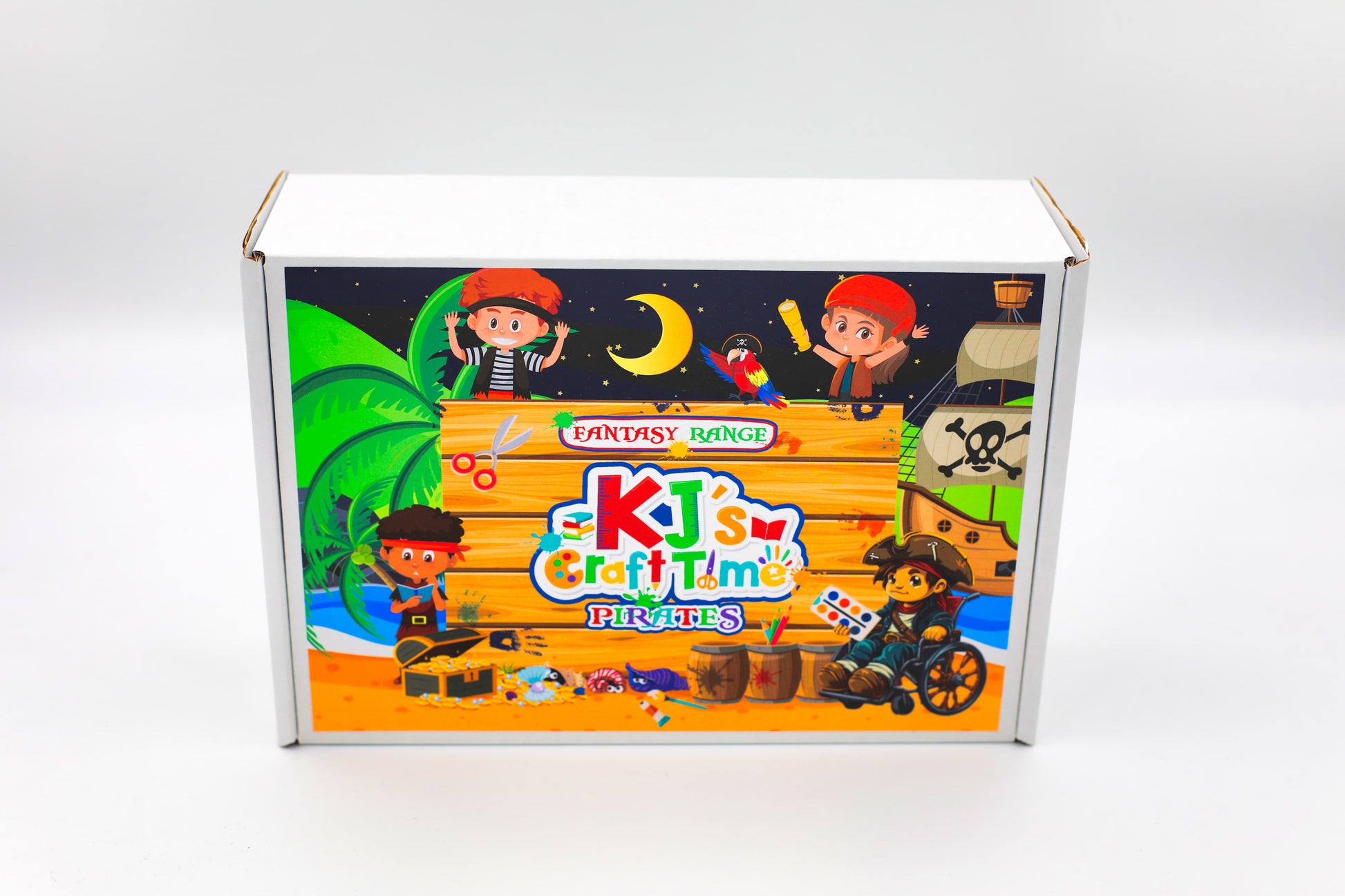 Pirate craft kit for kids presented in a gift-ready box, ideal for pirate-themed arts and crafts and imaginative play for children.