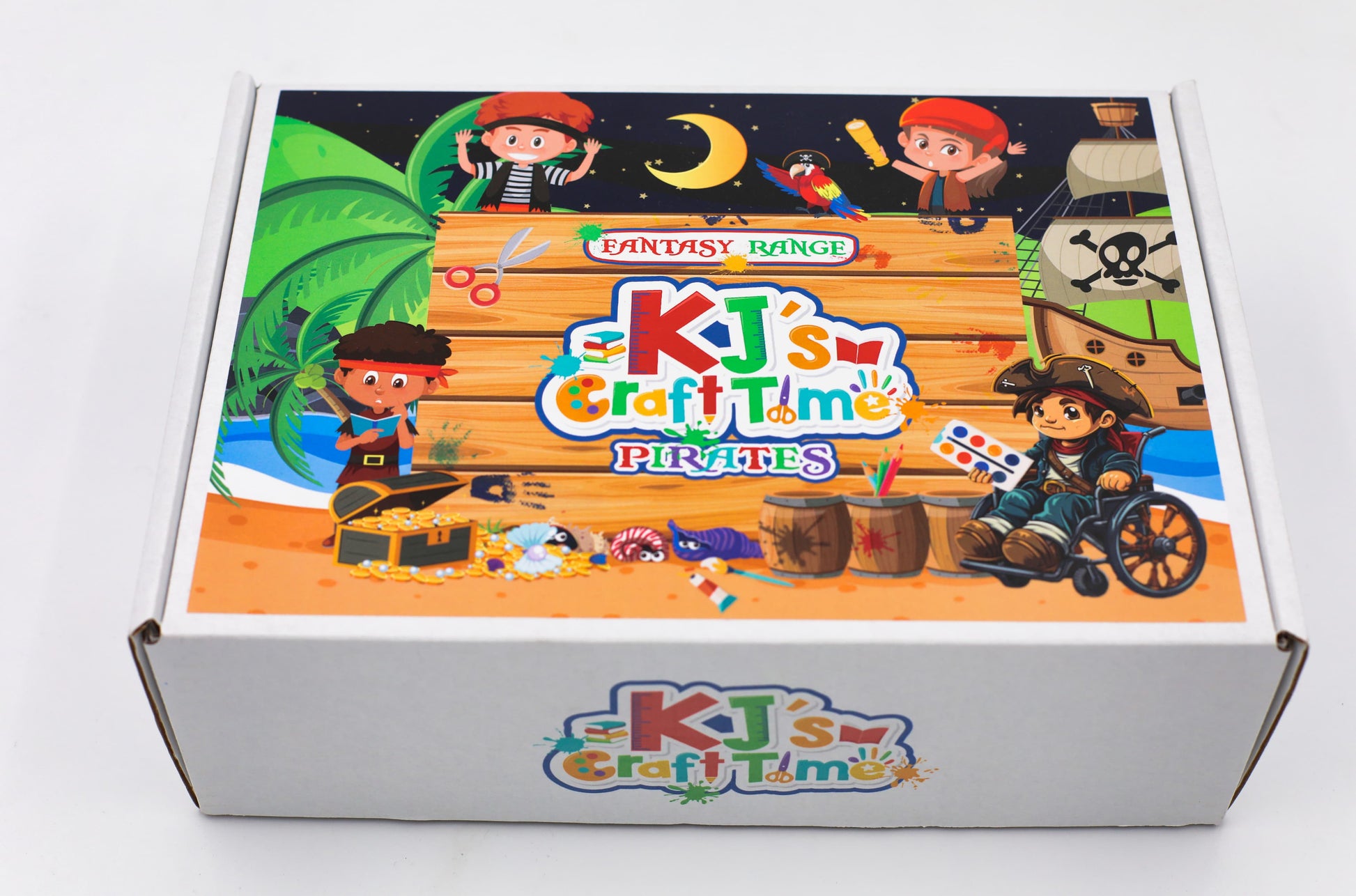 Close-up of Pirate Craft Box lid showing pirate characters, treasure, ship and adventure theme, a fun arts and crafts kit for kids.