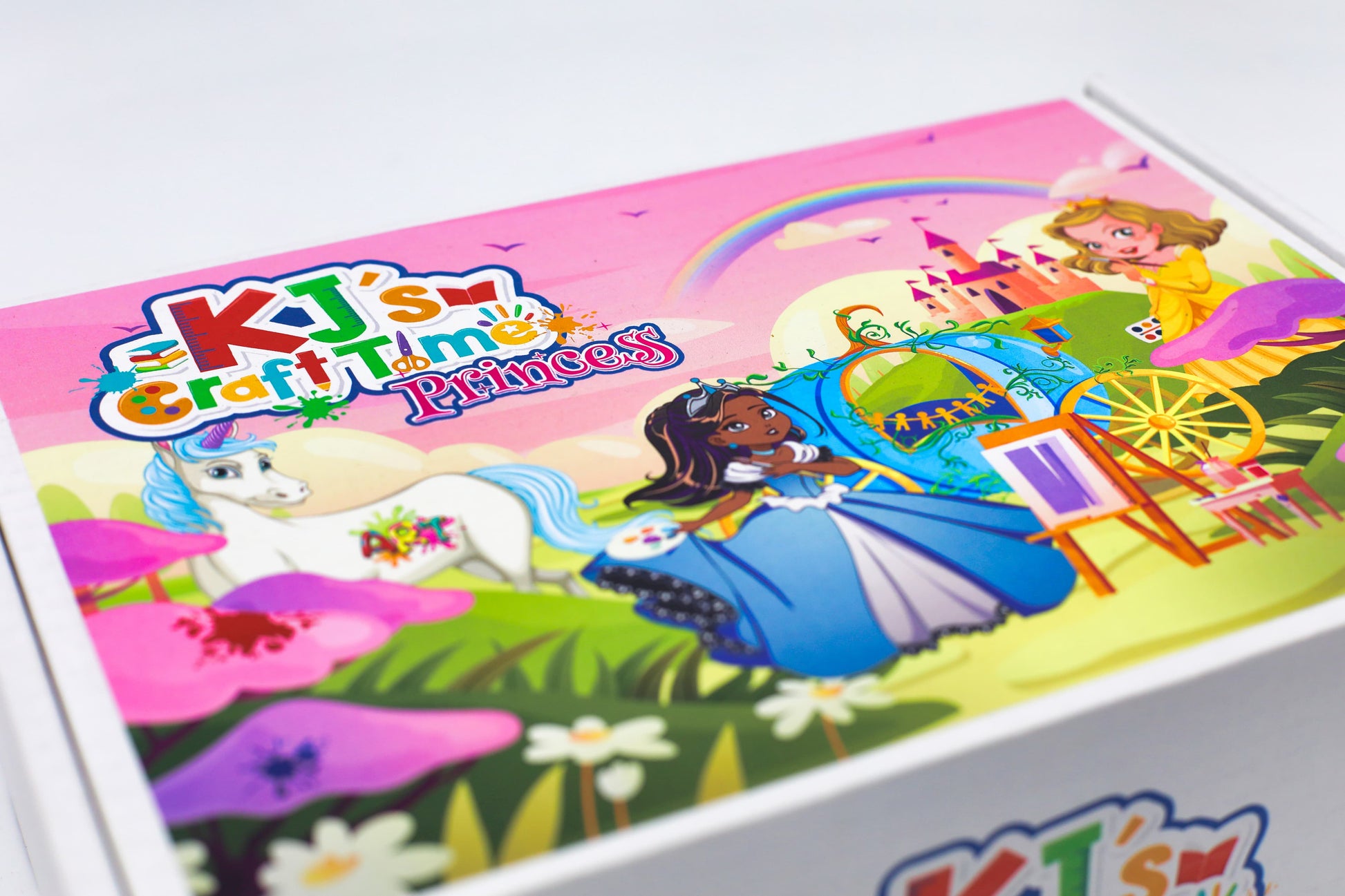 Close-up of Princess Craft Box lid showing magical princess illustration, unicorn, castle and art theme, perfect for a creative kids craft kit gift.