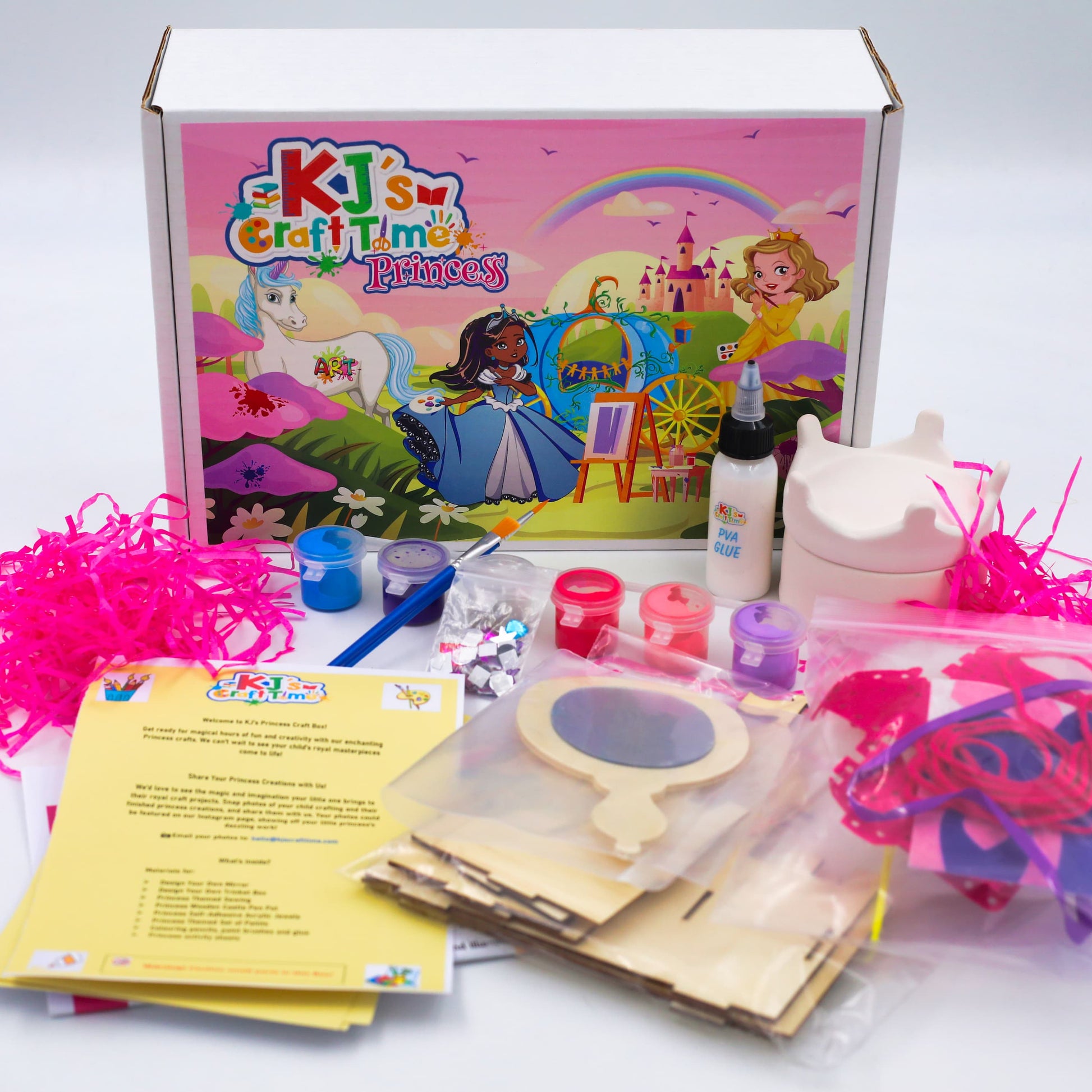 Complete Princess Craft Kit for kids with ceramic trinket box, castle pen pot pieces, princess sewing kit, mirror craft, paints, activity sheets and more.
