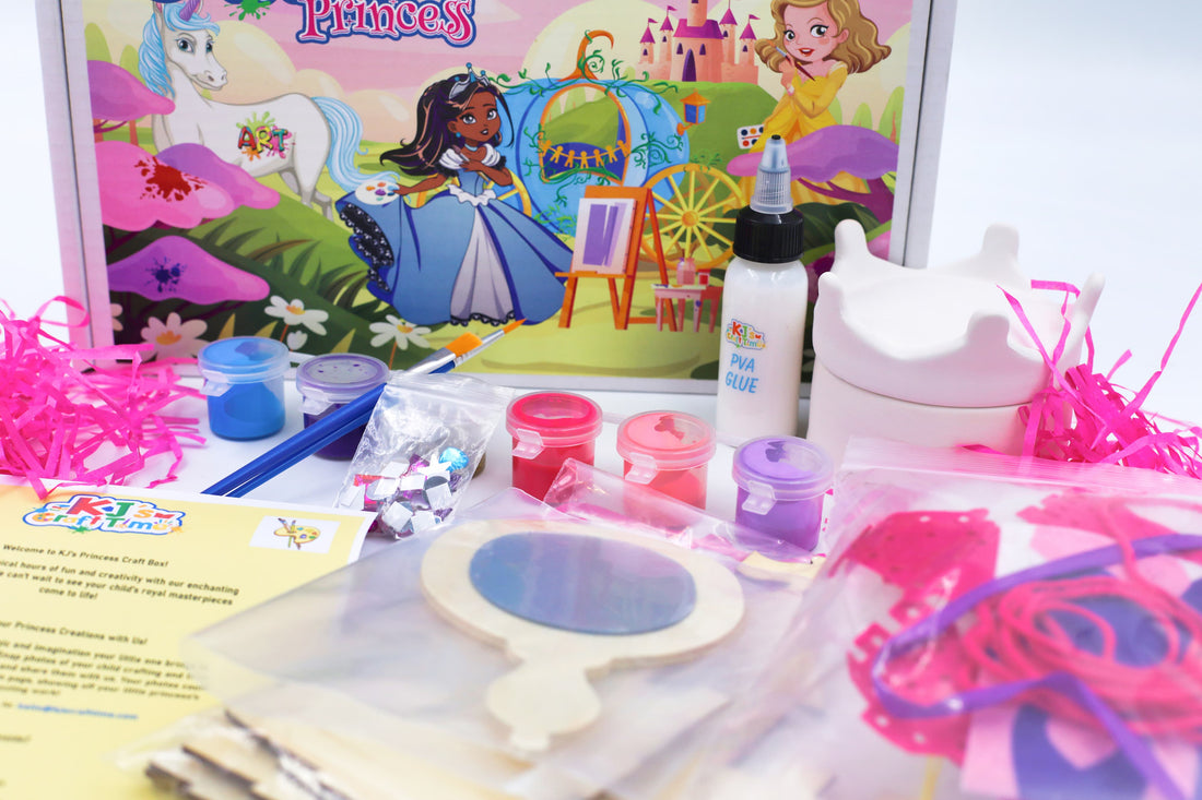 Complete Princess Craft Kit for kids with ceramic trinket box, castle pen pot pieces, princess sewing kit, mirror craft, paints, activity sheets and more.