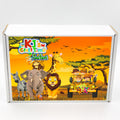 Safari craft kit for kids by KJ’s Craft Time featuring illustrated safari animals including lion, elephant and giraffe.